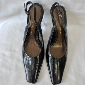 Antonio  Melani Black Croc Square toe Sling back Heels